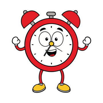 Happy cartoon alarm clock character with bells and arms raised
