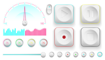 Modern neumorphic control panel with buttons, sliders, meters, and gauges in soft pastel tones. Futuristic UI design concept for apps, dashboards, and digital interfaces.