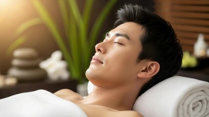 Young adult Asian man relaxing peacefully at a luxurious spa, enjoying a wellness treatment with eyes closed.