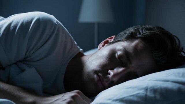 Young man sleeping peacefully in a dark bedroom at night, resting comfortably on a pillow in his bed.