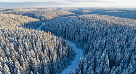 Aerial view of a winding road through a snowcovered forest in winter, with tall pine trees covered in snow, creating a serene landscape