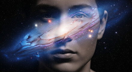 Conceptual portrait of a woman with a galaxy overlay, symbolizing the vastness of inner space and the mysteries of the mind