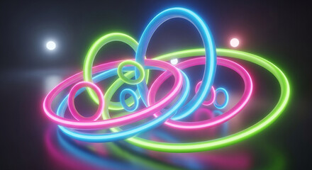 Abstract neon rings in a dark environment, creating a vibrant and colorful display of light and geometric shapes with a futuristic aesthetic