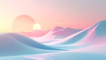 A serene and minimalist aesthetic wallpaper of a surreal desert landscape with smooth pastel sand dunes and two suns on the horizon