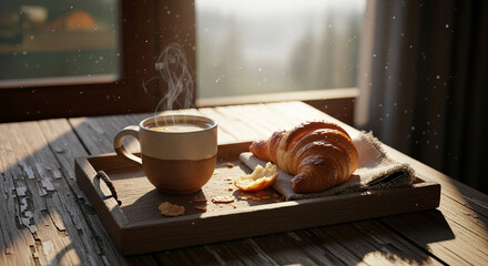 Cozy morning scene featuring a cup of coffee and a croissant on a wooden tray by a window, with soft sunlight and a blurred background