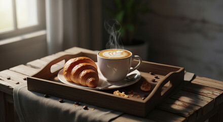 A delicious breakfast scene featuring a croissant and cappuccino on a wooden tray, illuminated by soft morning light, creating a cozy and inviting atmosphere