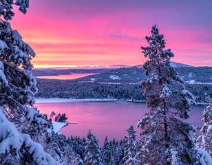 Winter landscape with snowy pine trees, frozen lake, and pink sunset sky in serene mountain scenery