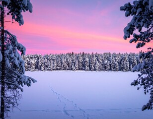 Winter landscape with snowy pine trees, frozen lake, and pink sunset sky in serene mountain scenery