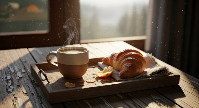 Cozy morning scene featuring a cup of coffee and a croissant on a wooden tray by a window, with soft sunlight and a blurred background