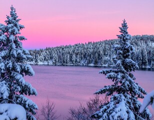 Winter landscape with snowy pine trees, frozen lake, and pink sunset sky in serene mountain scenery
