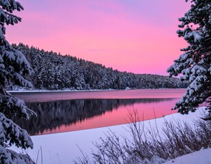 Winter landscape with snowy pine trees, frozen lake, and pink sunset sky in serene mountain scenery
