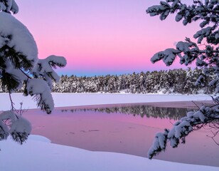 Winter landscape with snowy pine trees, frozen lake, and pink sunset sky in serene mountain scenery