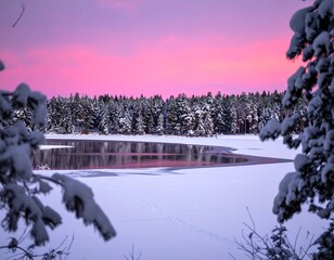 Winter landscape with snowy pine trees, frozen lake, and pink sunset sky in serene mountain scenery