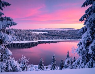Winter landscape with snowy pine trees, frozen lake, and pink sunset sky in serene mountain scenery