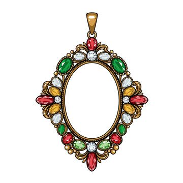 Ornate Gemstone Pendant with Intricate Gold Detailing and Colorful Jewels.