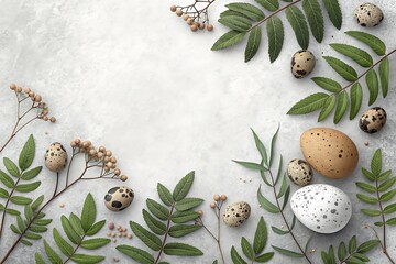 Quail and Chicken Eggs with Greenery on a Light Textured Background Easter Spring Theme Composition