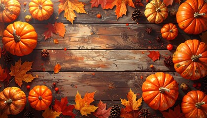 A rustic fall background featuring a border of vibrant pumpkins and maple leaves on a cozy wooden texture, perfect for the harvest season