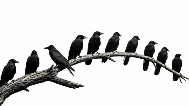 A mysterious parliament of black crows perched together in a uniform row on a bare tree branch against a clean white background