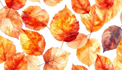 Watercolor seamless pattern of autumn fall leaves in warm earthy tones. A beautiful seasonal background illustration with orange and yellow foliage