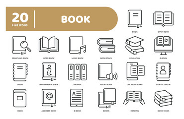 Set of collection line icons related book, archive, reading. Editable stroke. Perfect pixel on transparent background