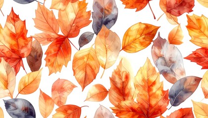 A beautiful seamless pattern of autumn leaves painted in a watercolor style, featuring warm earthy tones and vibrant fall colors