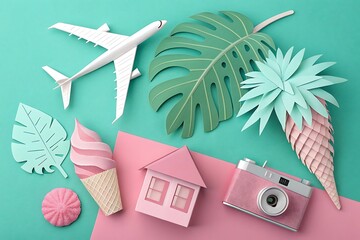 Tropical Vacation Paper Craft Still Life Featuring Airplane Camera and Dessert for Summer Getaway Theme