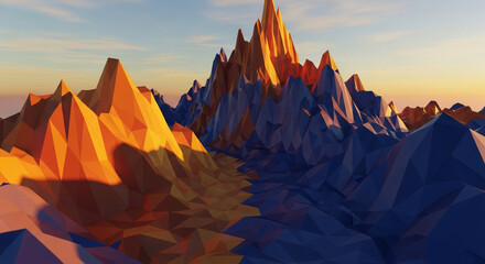 A low poly mountain range with warm and cool colors, rendered in 3d a digital landscape with a geometric design and a stylized look