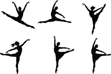 Ballet dancer silhouettes, classical leaps and arabesque poses, dance performance illustration, graceful movement, artistic choreography, expressive ballet art, stage performance