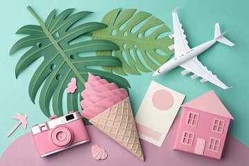 Travel and Vacation Concept with Paper Craft Elements like Airplane Camera Ice Cream and Tropical Leaves Top View