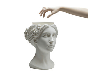 Marble Bust of Woman with Hand Reaching In Artistic Conceptual Still Life Isolated on Black Background