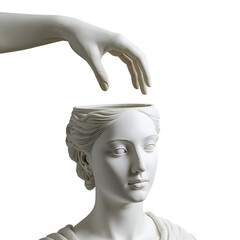 Conceptual Art Sculpture Depicting Open Mind with Hand Exploring Inside and a Classical Sculpture Model on Dark Background