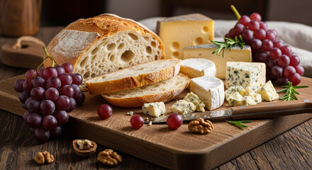 Rustic cheese board with assorted cheeses, grapes, bread, and walnuts, creating a visually appealing and flavorful food arrangement