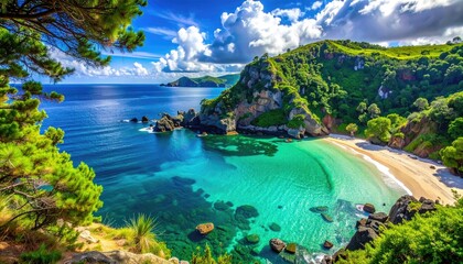 Stunning coastal landscape with crystal clear turquoise waters and lush green cliffs under a vibrant blue sky with fluffy clouds on a sunny day