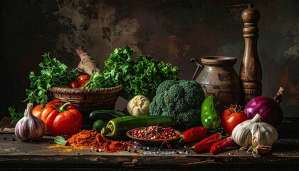Still life assortment of fresh vegetables and spices on a rustic wooden table with a dark textured background