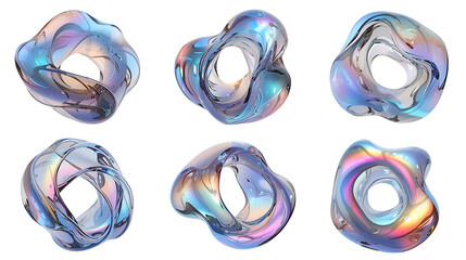 Abstract Iridescent Torus Shapes Collection Digital Art Rendering Creative Graphic Design Elements Isolated on Black Background