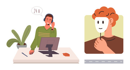Customer service representative answering a call at a desk. Person holding a mask symbolizing deception. Ideal for fraud prevention, online identity, customer support, business integrity, awareness