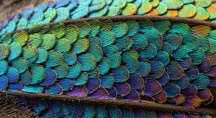 Detailed closeup of iridescent beetle wing scales displaying a spectrum of colors and intricate patterns, forming a stunning natural mosaic