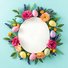 Festive Easter Egg and Floral Wreath with Copy Space on Light Blue Background for Holiday Greetings