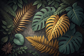 Lush Tropical Foliage Arrangement with Golden Accents and Dark Background Evoking Elegance and Natural Beauty