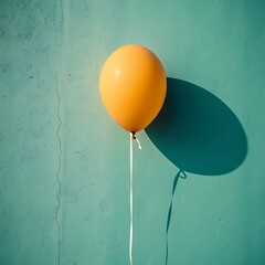Bright Yellow Balloon Against Textured Turquoise Wall with Playful Shadow Casting a Vibrant and Cheerful Mood