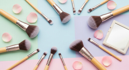 Top view of makeup brushes and rose petals on colorful background beauty and fashion concept cosmetic tools for facial treatment and skin care