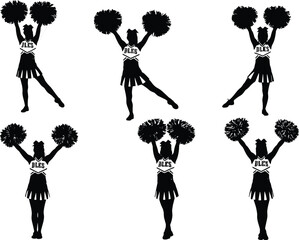 Cheerleader silhouettes with pom-poms, ULS uniform dance poses, sports spirit routine, dynamic movement illustration, energetic choreography, athletic cheer squad, team celebration performance
