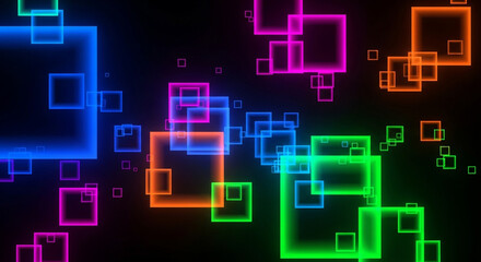 Vibrant neon squares dance across a black canvas, creating an electrifying abstract design with a modern, futuristic aesthetic