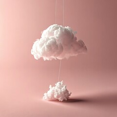 Conceptual Cloudscape A Serene White Cloud Suspended with Delicate Strings Against a Pastel Pink Background Soft and Dreamy