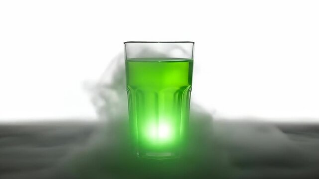 Radiant green elixir in a clear glass, illuminated from below, surrounded by an enchanting cloud of cool vapor, evoking a magical and refreshing visual