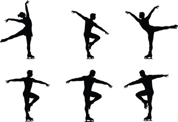 Figure skater silhouettes, ice skating poses and balances, winter sports illustration, graceful movement, athletic artistry, choreography study, performance art design