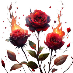 Three Red Roses in Full Bloom Surrounded by Flames and Petals on Black Background