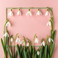 Elegant Snowdrop Flowers Arranged in Green Frame on Pink Background Perfect for Spring Themed Design