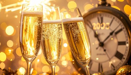 Three champagne flutes filled with bubbly drink in front of a clock striking midnight with warm, golden bokeh lights on a New Year's Eve celebration background.