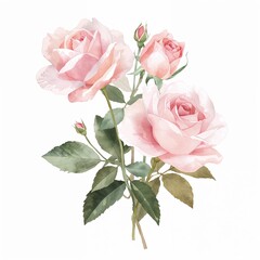 Watercolor Pink Roses Bouquet with Buds and Green Leaves Isolated on White Background for Romantic Designs